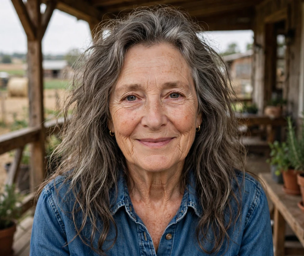 White woman in her early seventies with long salt-and-pepper tousled waves on a farm porch