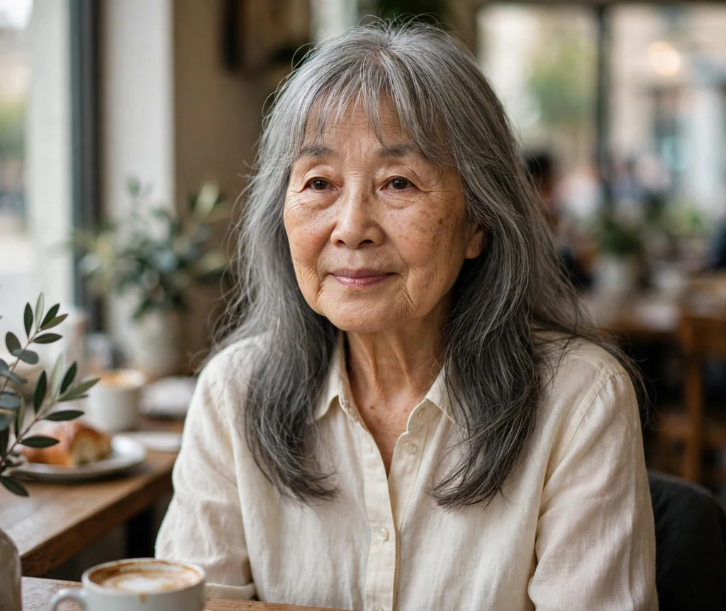 East Asian woman in her late sixties with gray long hair with soft bangs at a cafe