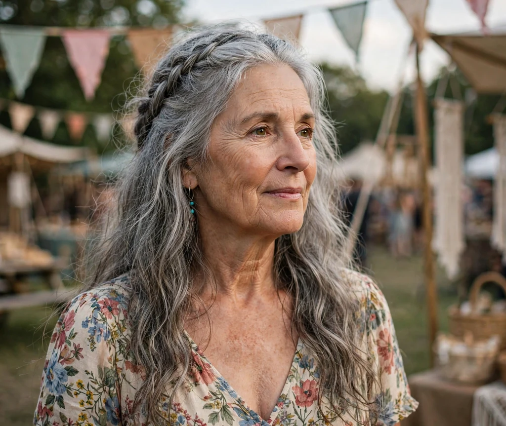 White woman in her mid-sixties with a long gray boho half-up braid at a festival