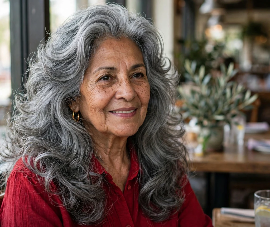 Latina woman in her late sixties with a long steel-grey blowout with volume in a restaurant