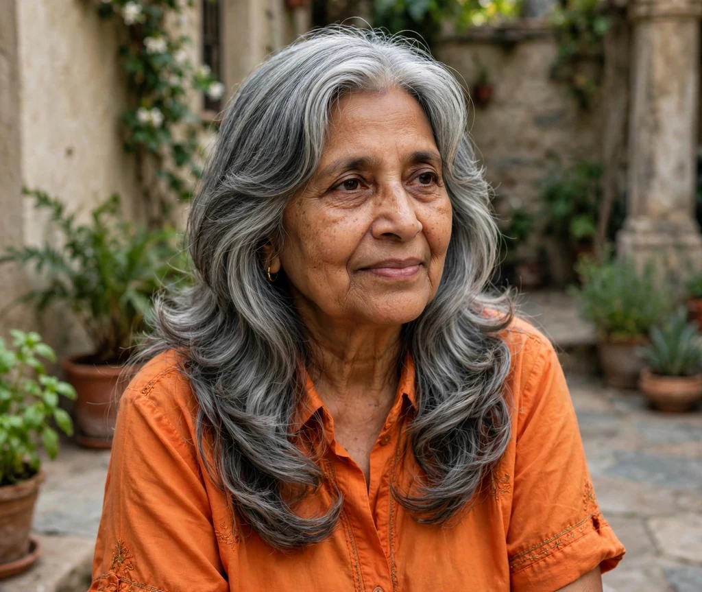 South Asian woman in her early sixties with a long gray layered U-cut in a courtyard