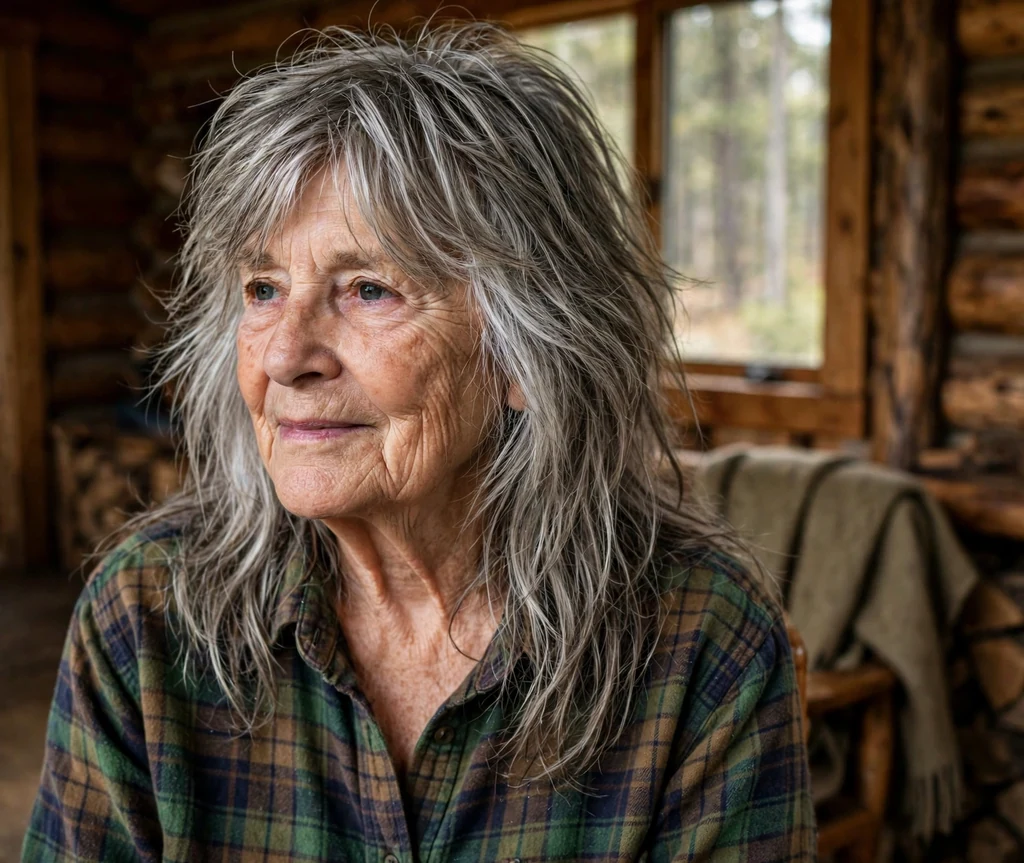 White woman in her late sixties with salt-and-pepper long shaggy layers at a cabin