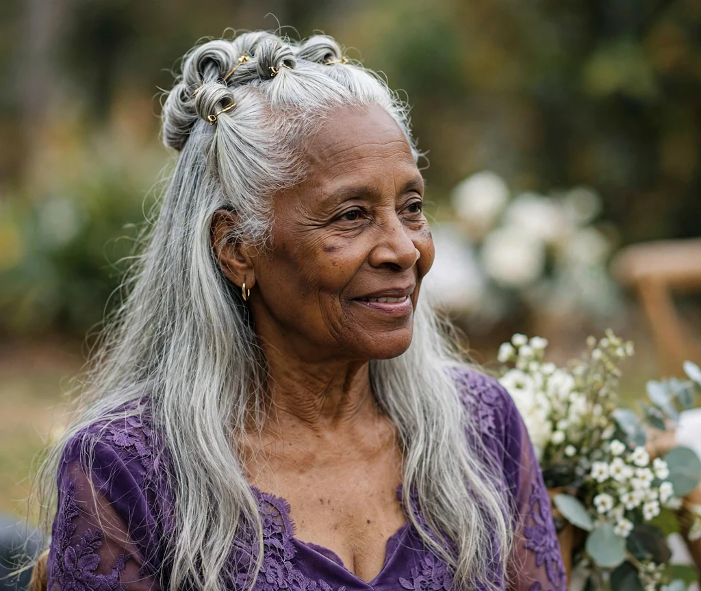 Black woman in her late sixties with a long silver twisted half-updo at a wedding