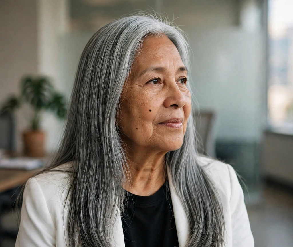 Latina woman in her mid-sixties with gray long straight hair with blunt ends in an office