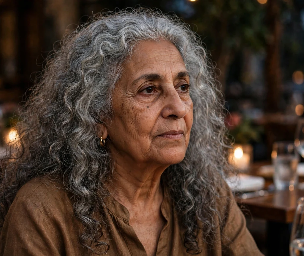 Middle Eastern woman in her late sixties with gray long curls with volume at an evening dinner