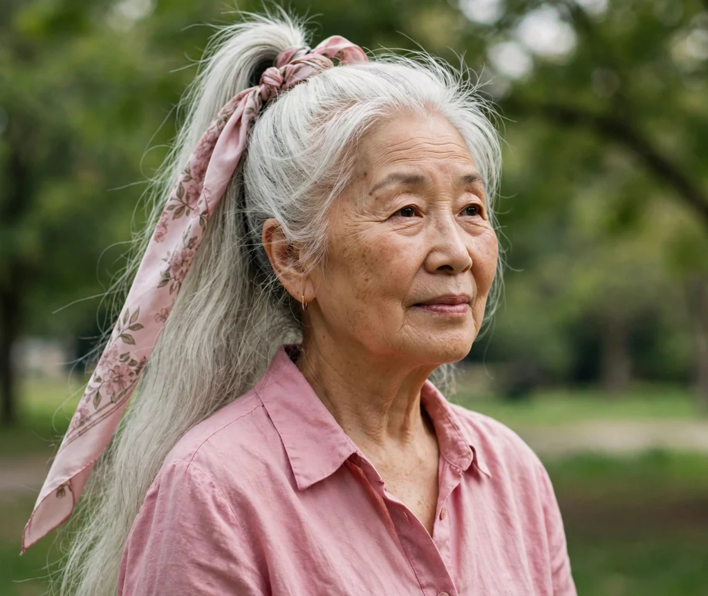 East Asian woman in her early sixties with a long white ponytail with a silk scarf in a park