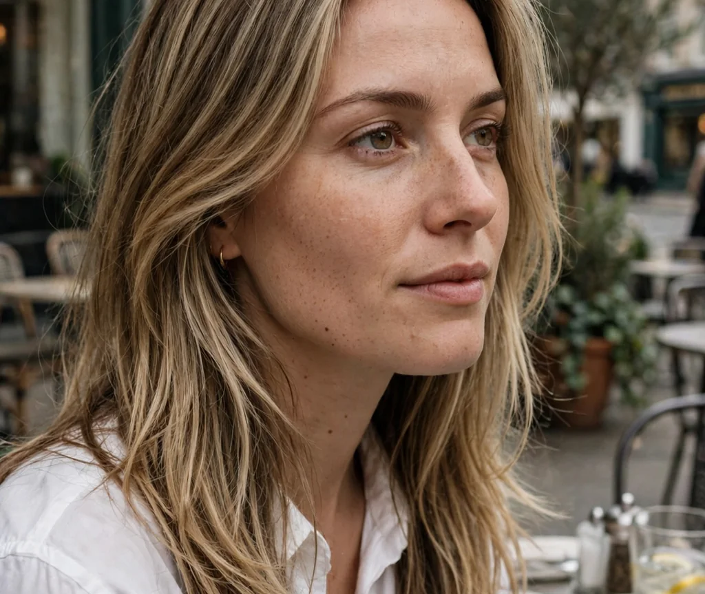Woman with classic long layers at a sidewalk cafe