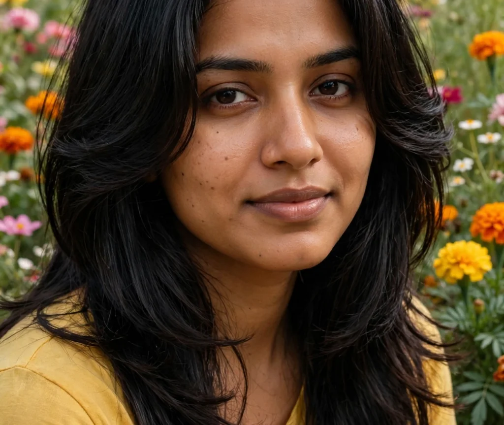 Woman with face-framing long layers in a flower garden