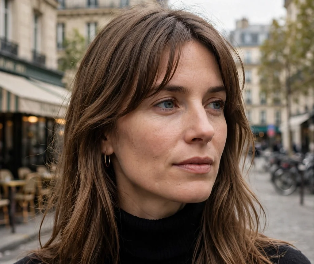 Woman with long layers and curtain bangs on a Paris street