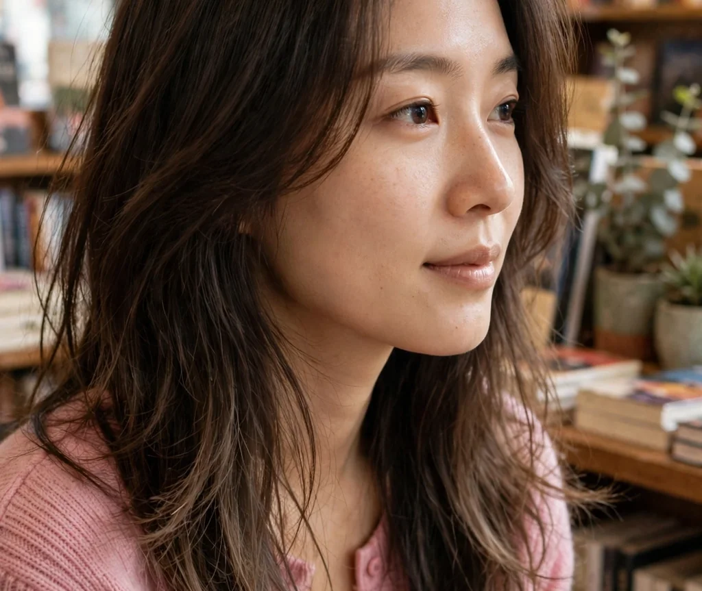 Woman with soft feathered long layers in a bookshop