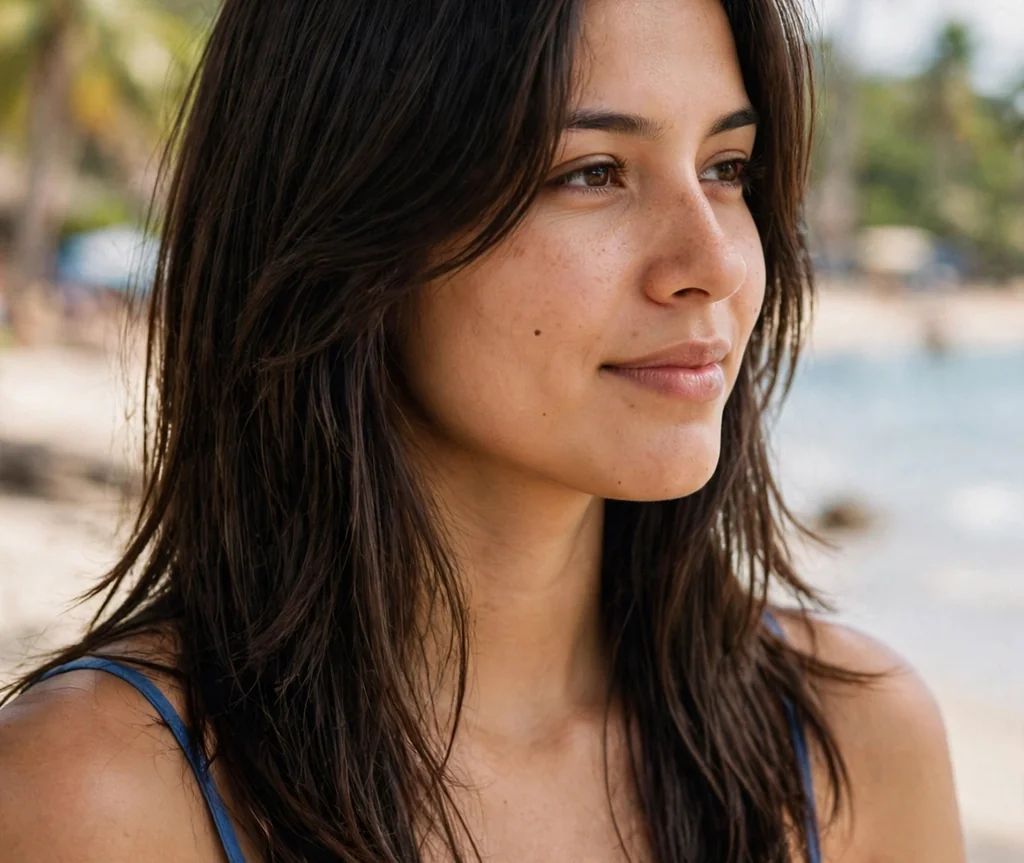 Woman with a V-cut long layered haircut on a tropical beach