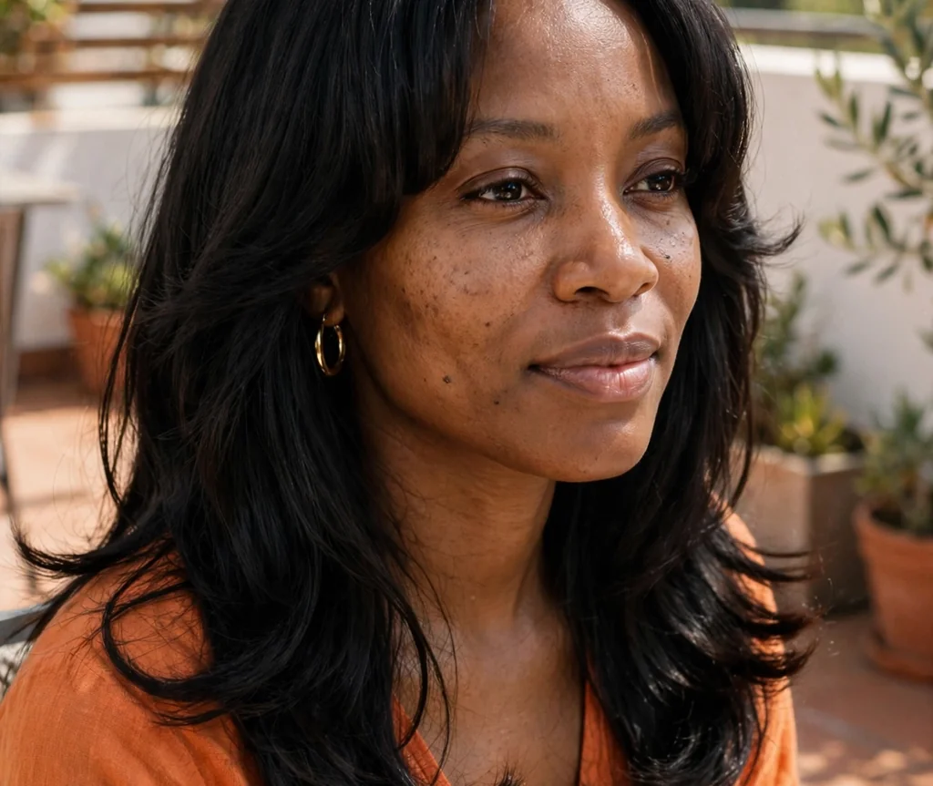 Woman with a U-cut long layered haircut on a sunny terrace