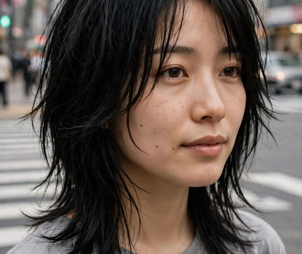 Woman with choppy long layers at a city crossing