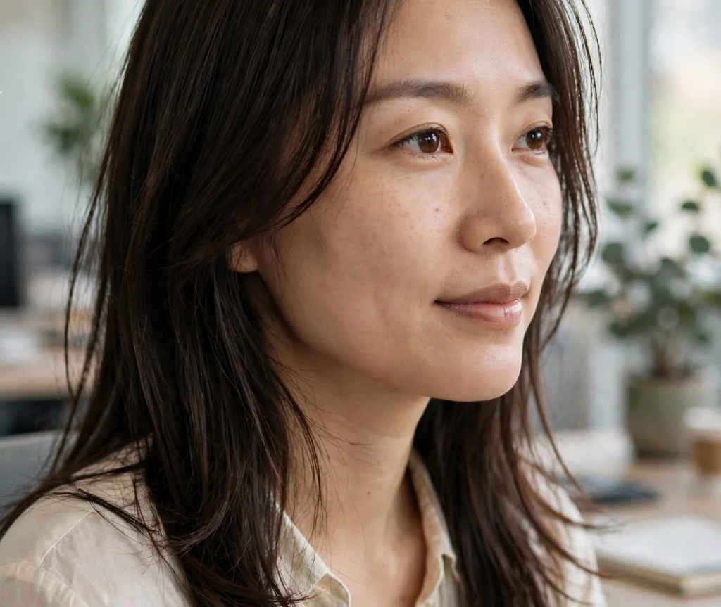 Woman with wispy long layers in a bright office
