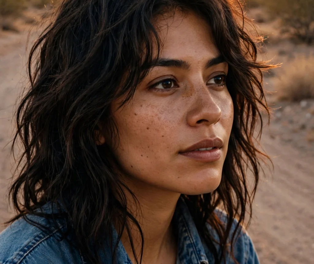 Woman with long shaggy layers on a desert road at sunset