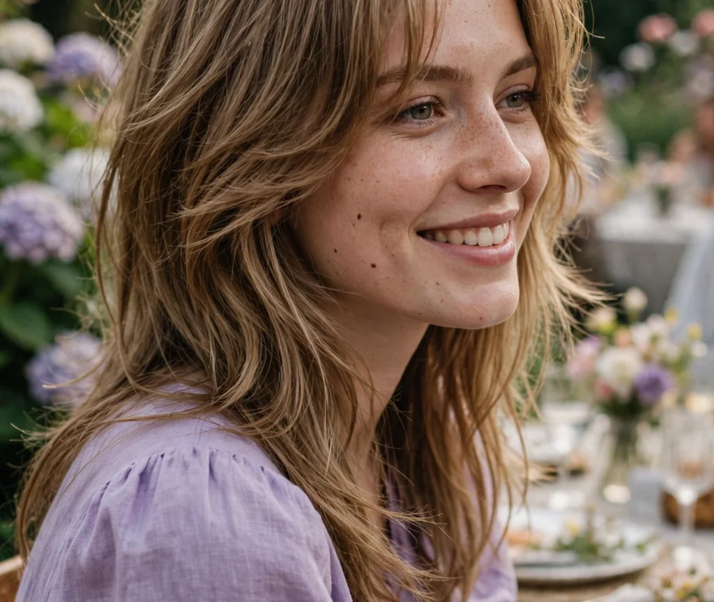 Woman with butterfly long layers at a garden party