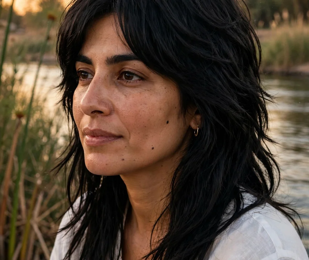 Woman with textured long layers by a riverside