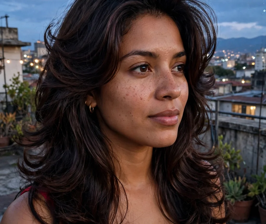 Woman with voluminous blowout long layers on a rooftop at dusk