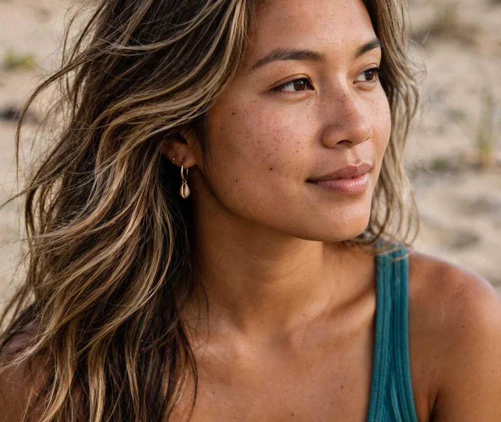 Woman with beachy wave long layers on a sandy beach