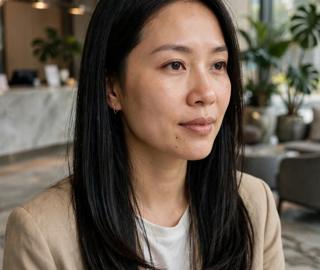 Woman with sleek straight long layers in a hotel lobby