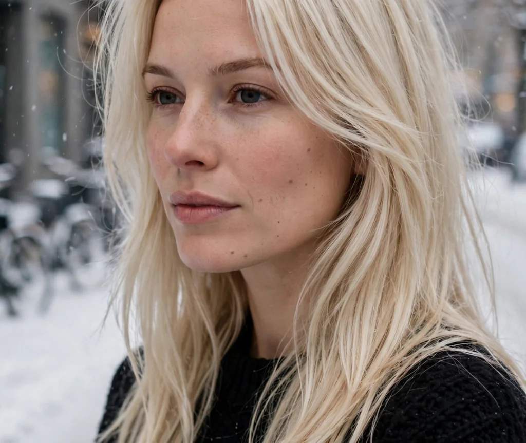 Woman with invisible sliced long layers on a snowy street