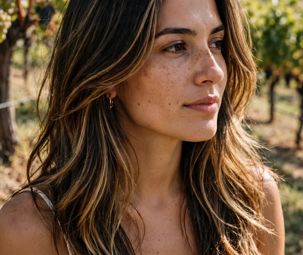 Woman with balayage long layers in a vineyard