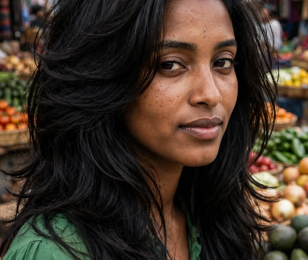 Woman with long layers for thick hair at an open-air market
