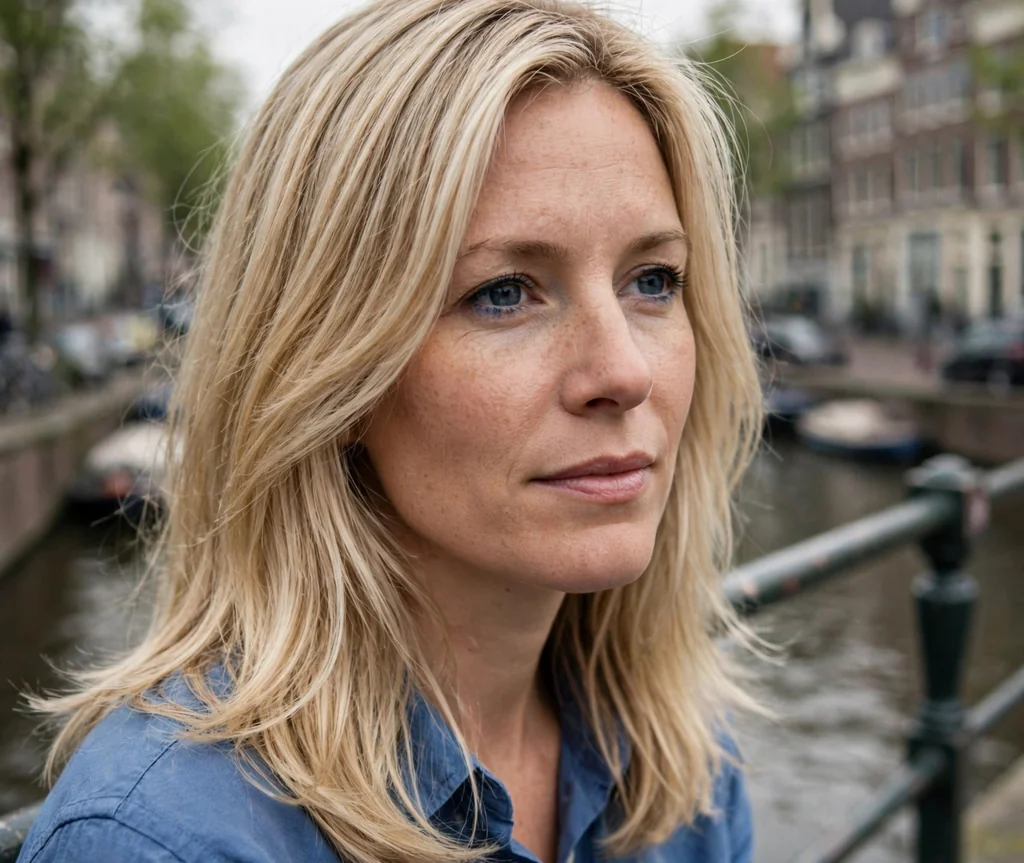 Woman with long layers for fine hair on a canal bridge