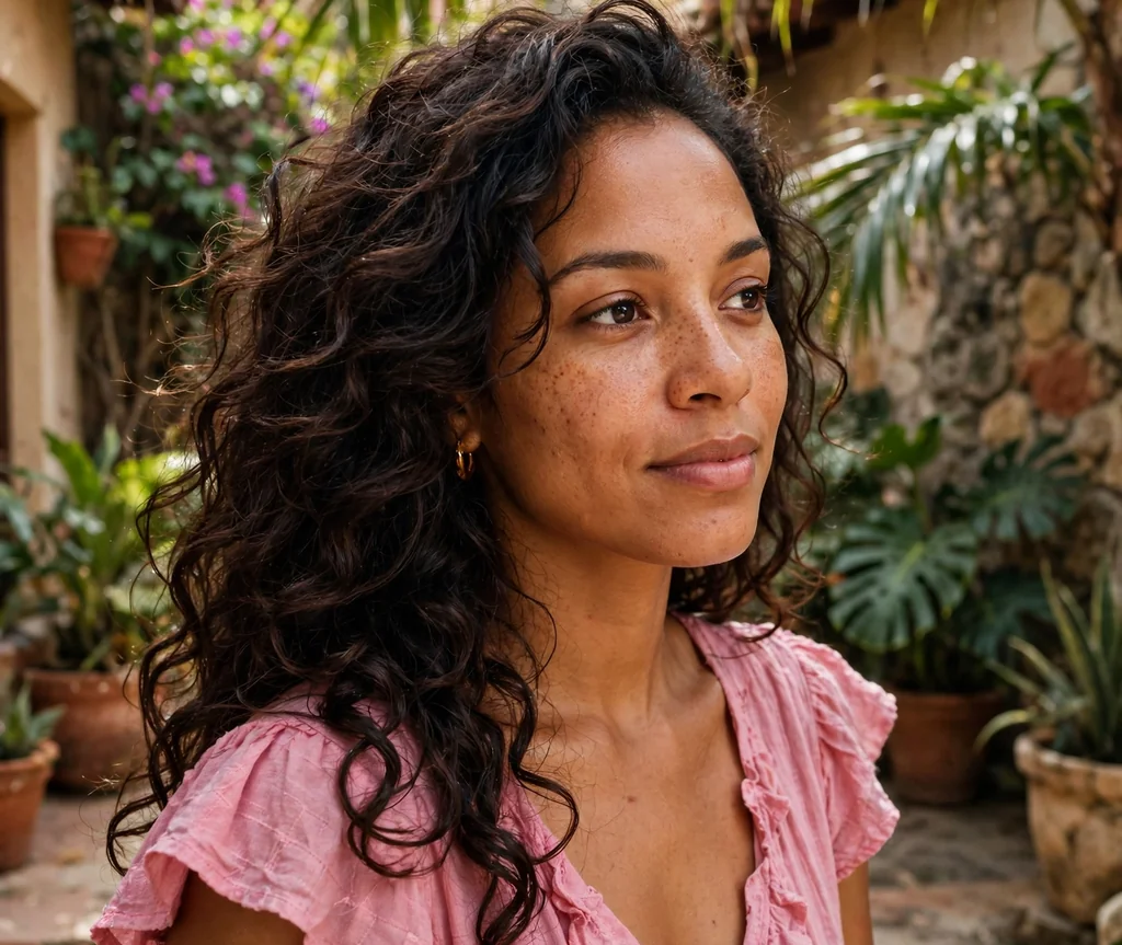 Woman with flowing curly long layers in a tropical courtyard