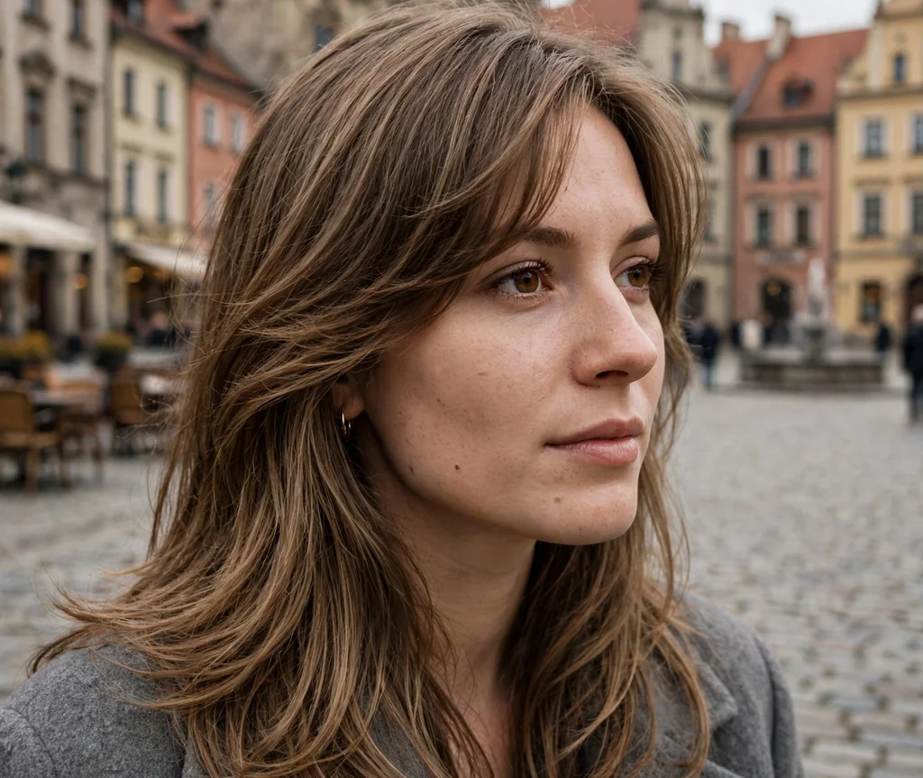 Woman with long layers and side-swept bangs in an old town square