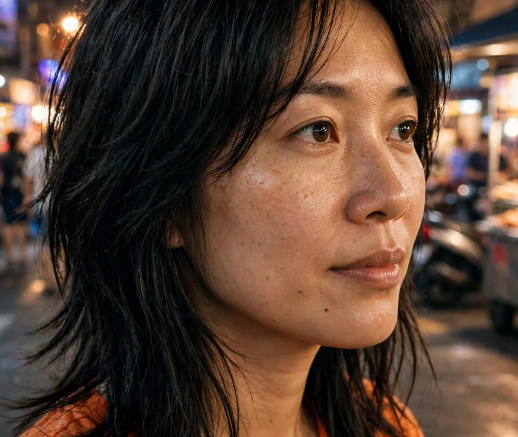 Woman with piecey long layers on a night street