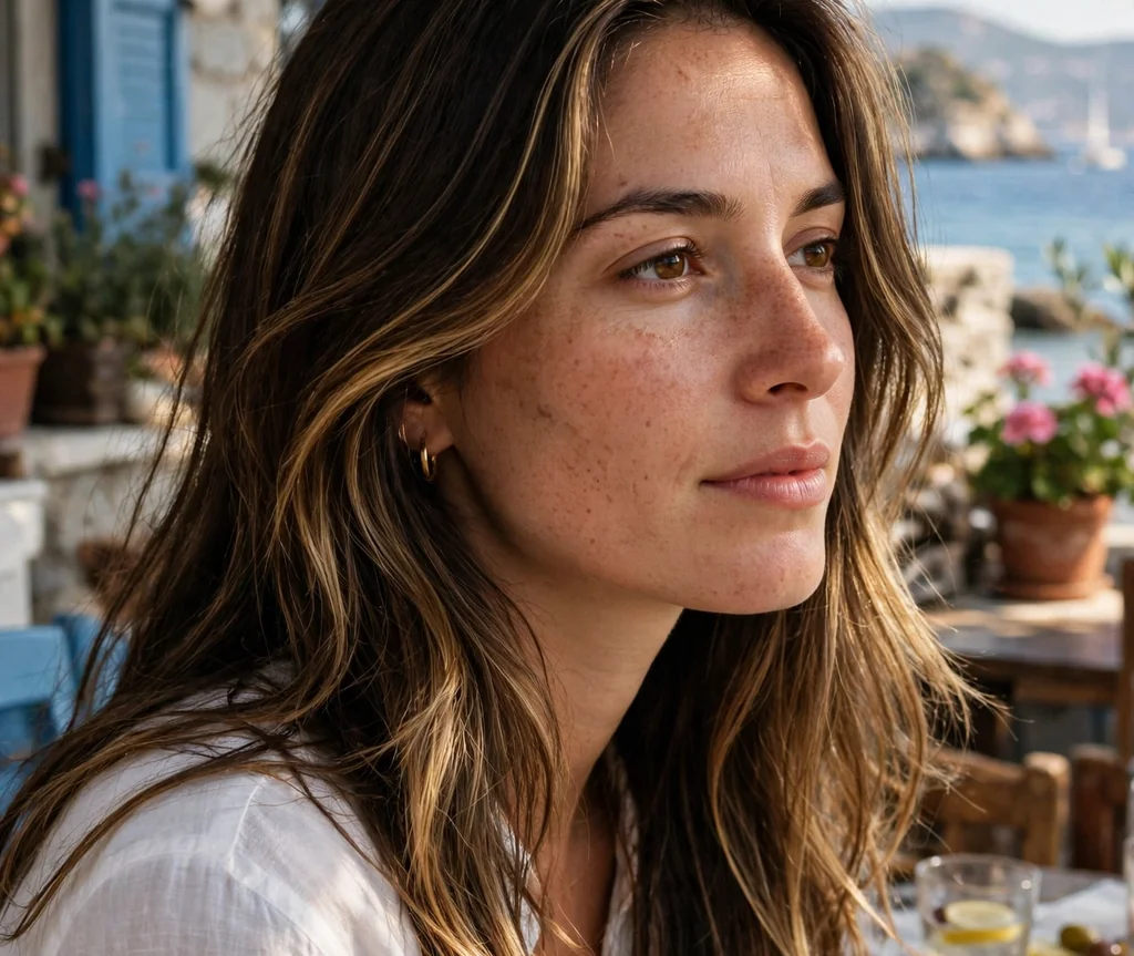 Woman with highlighted long layers at a seaside taverna