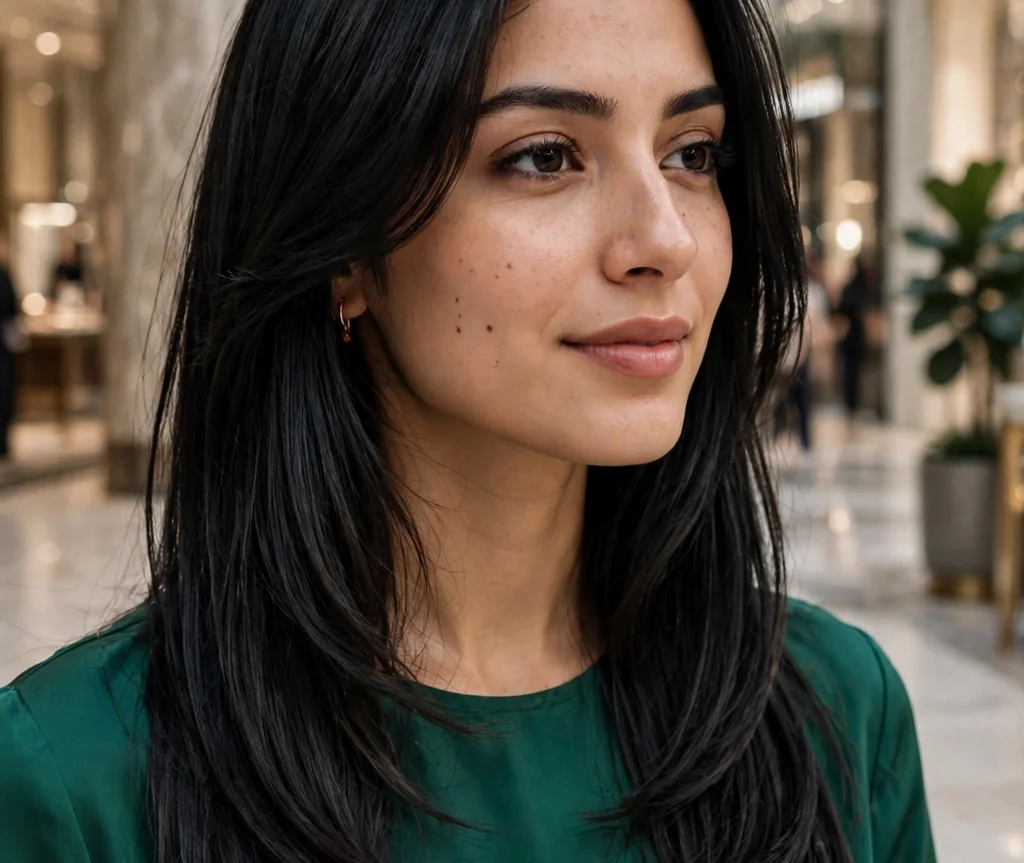 Woman with glossy long layers in a shopping mall