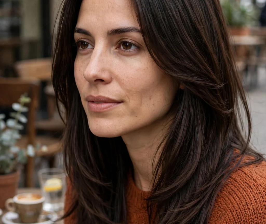 Woman with long layers and a middle part at a cafe