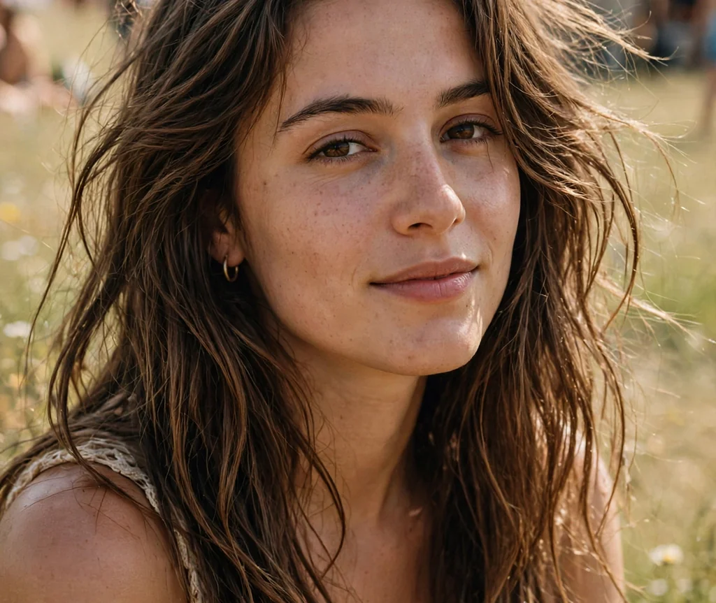 Woman with boho long layers in a festival field