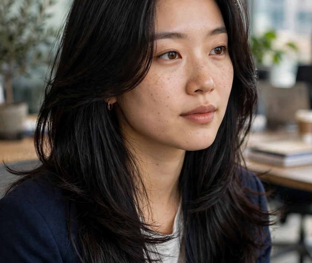 Woman with long layers and a deep side part in an office