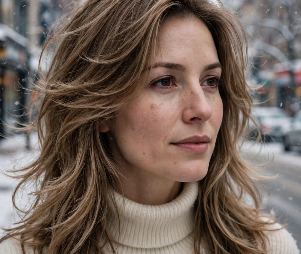Woman with airy blown-out long layers on a winter street