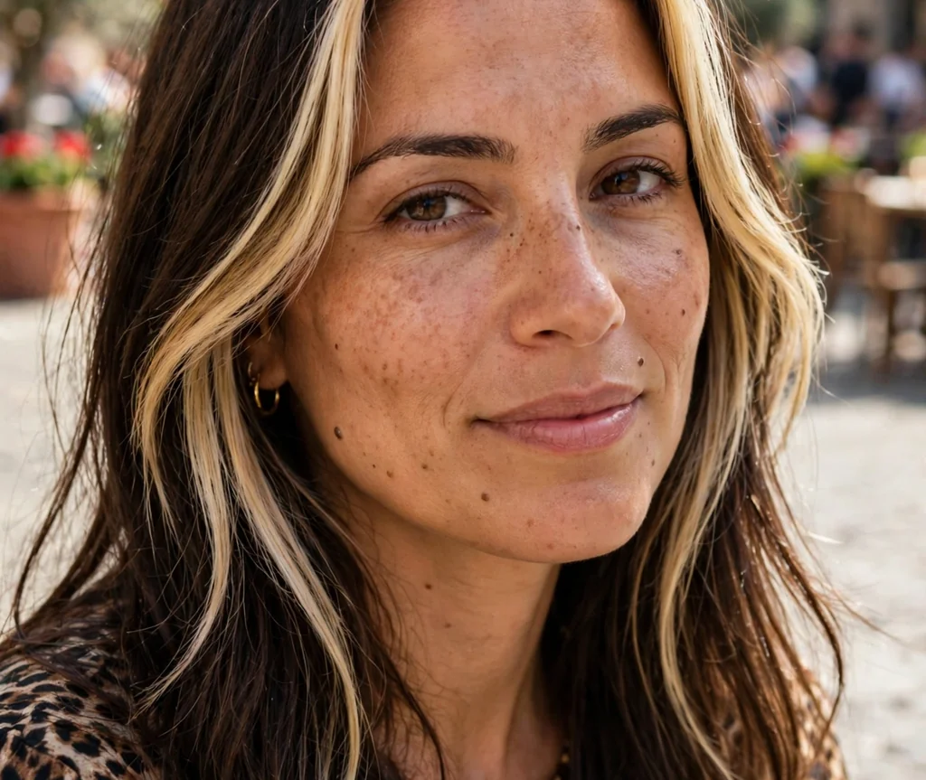Woman with long layers and a blonde money piece in a piazza