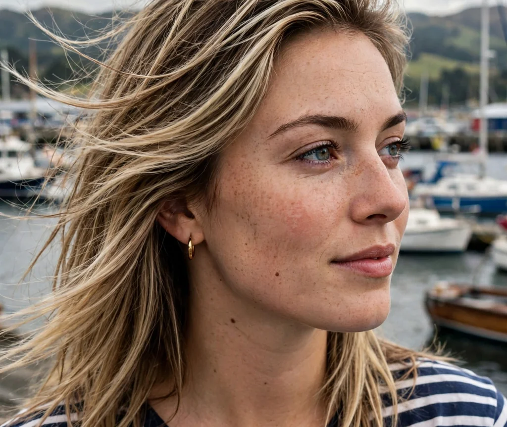 Woman with tousled long layers at a harbor