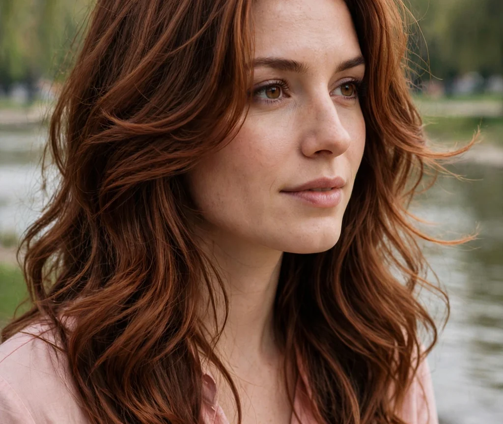 Woman with romantic long layers in a riverside park