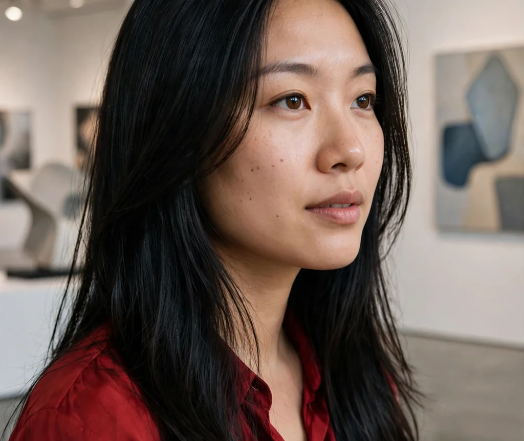Woman with straight shiny long layers in an art gallery