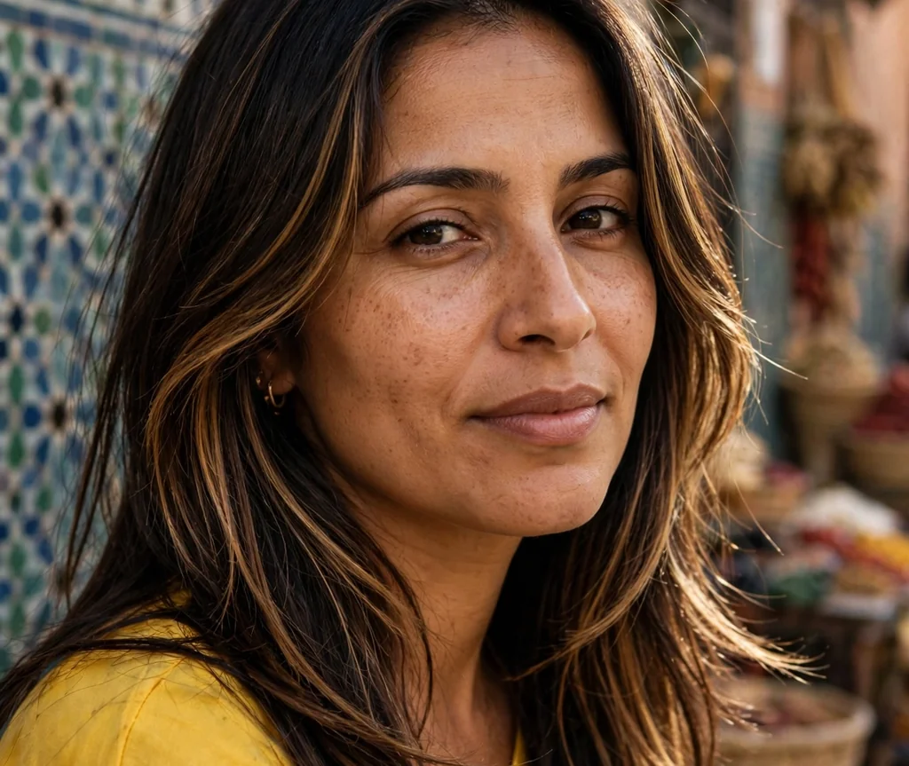 Woman with face-framing highlighted long layers in a medina