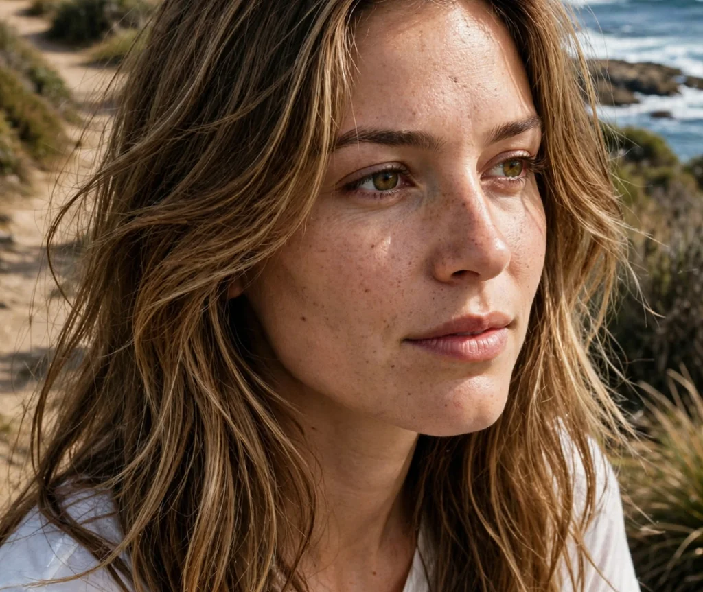 Woman with effortless long layers on a coastal walk