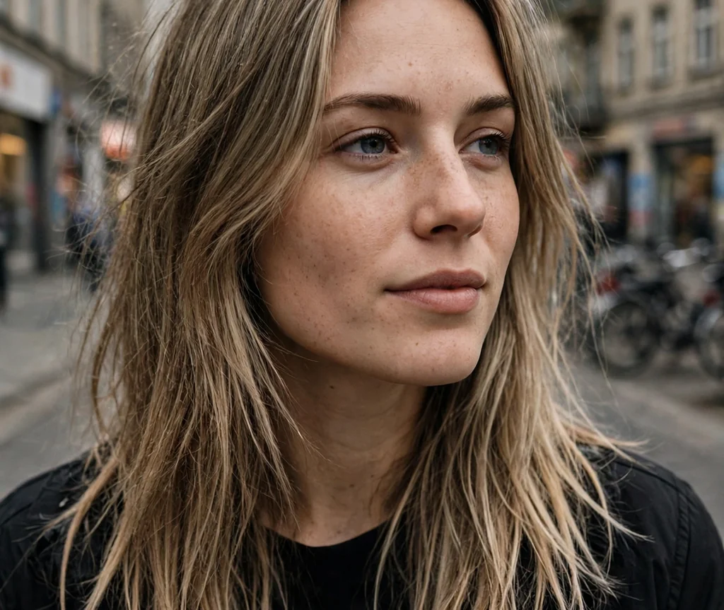 Woman with razored long layers on a Berlin street