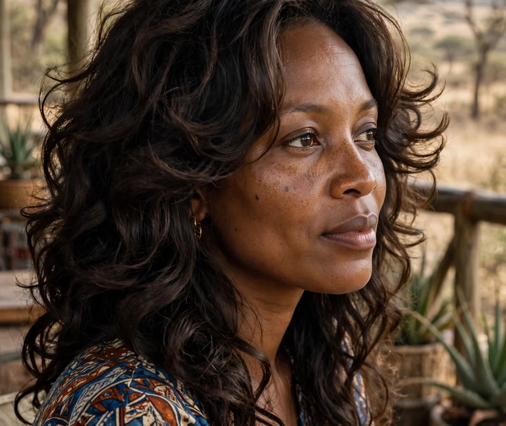 Woman with bouncy long layers on a safari lodge terrace