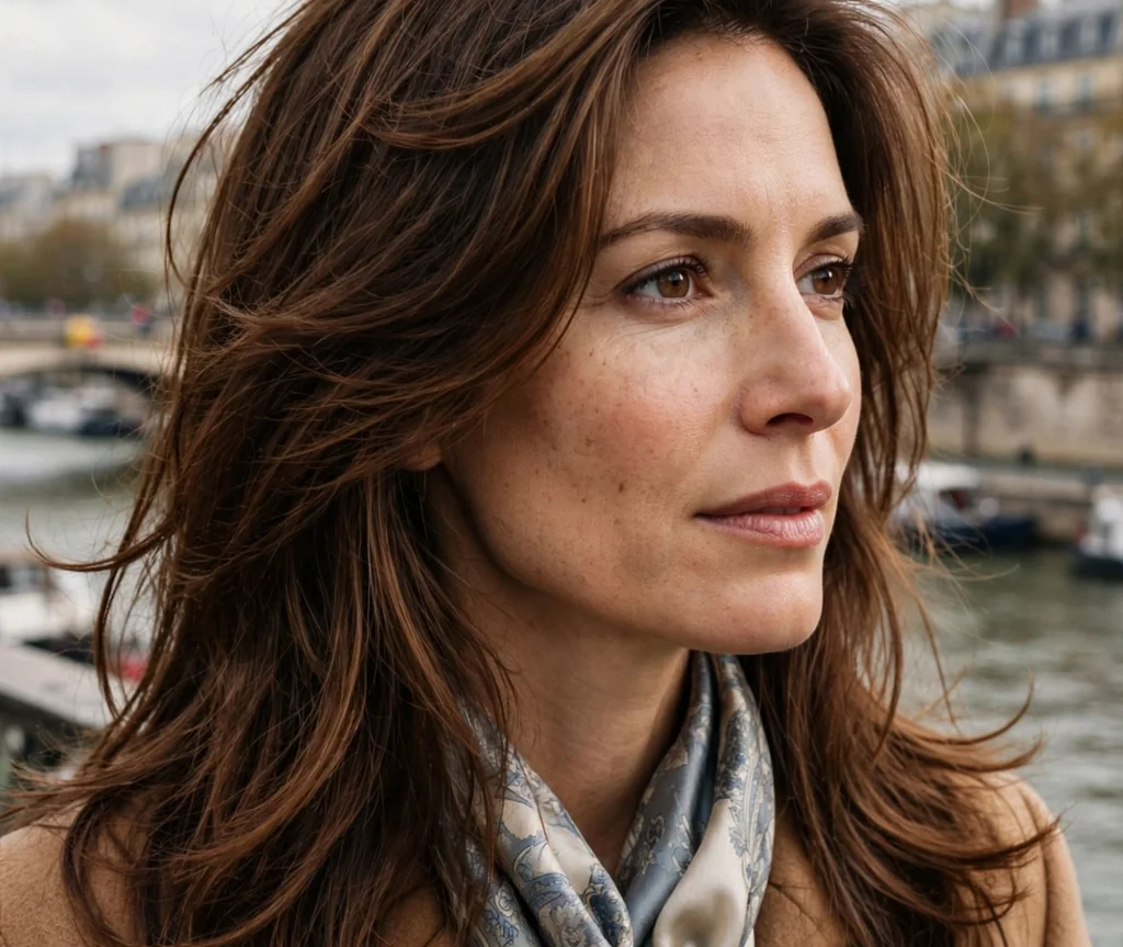 Woman with voluminous crown long layers by the Seine