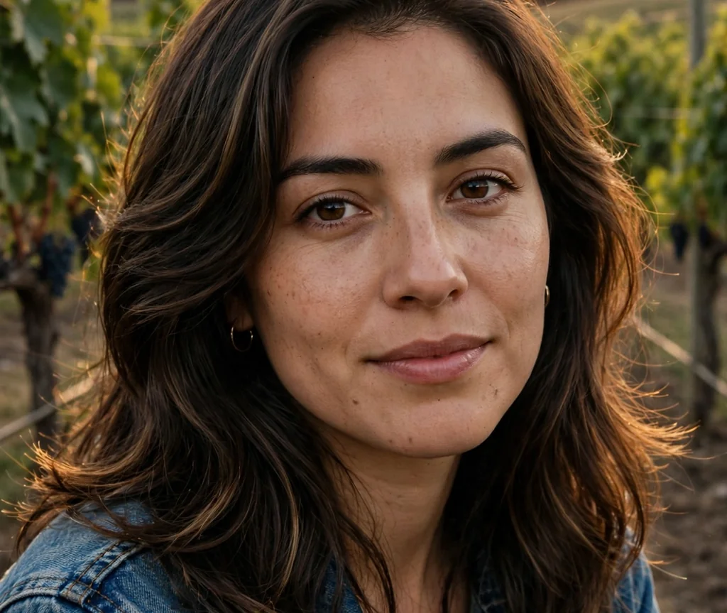 Woman with soft wave long layers in a vineyard at sunset
