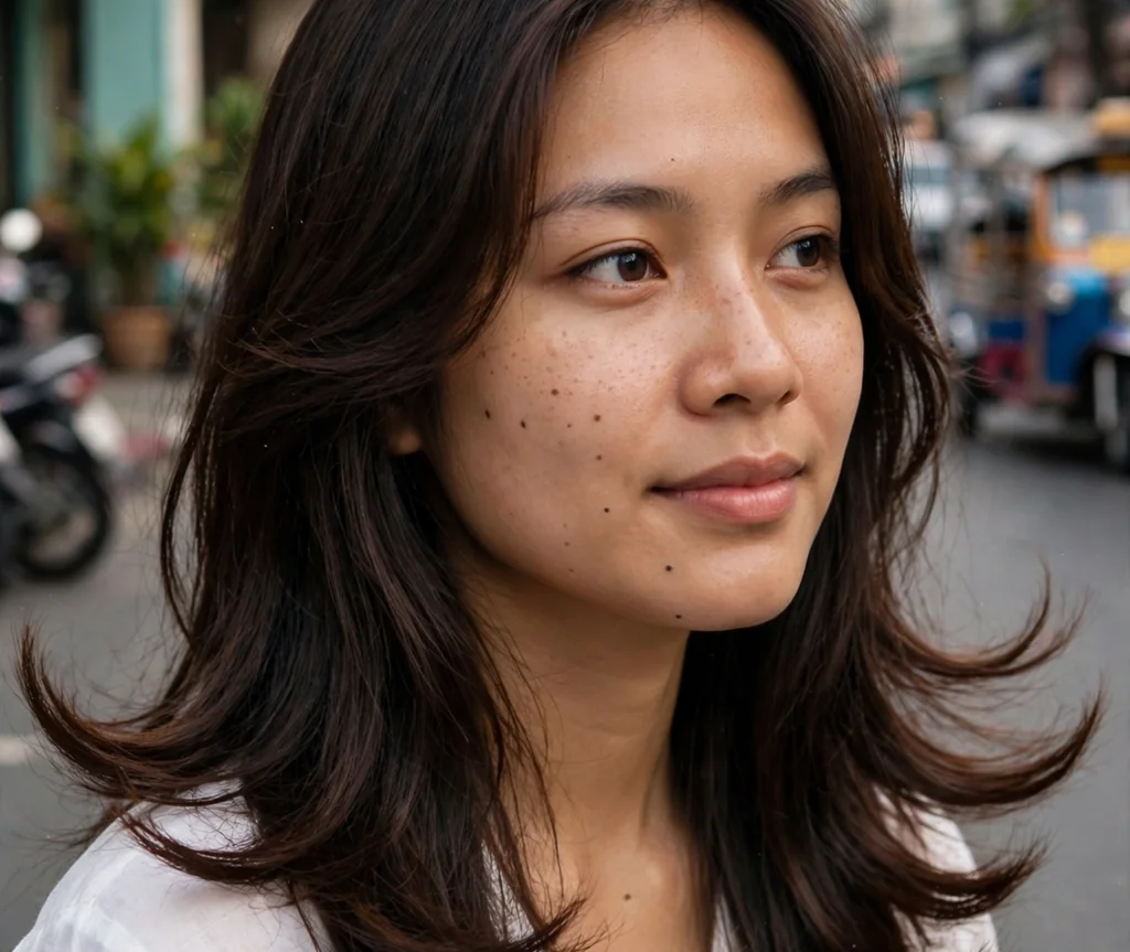Woman with flippy-ended long layers on a Bangkok street