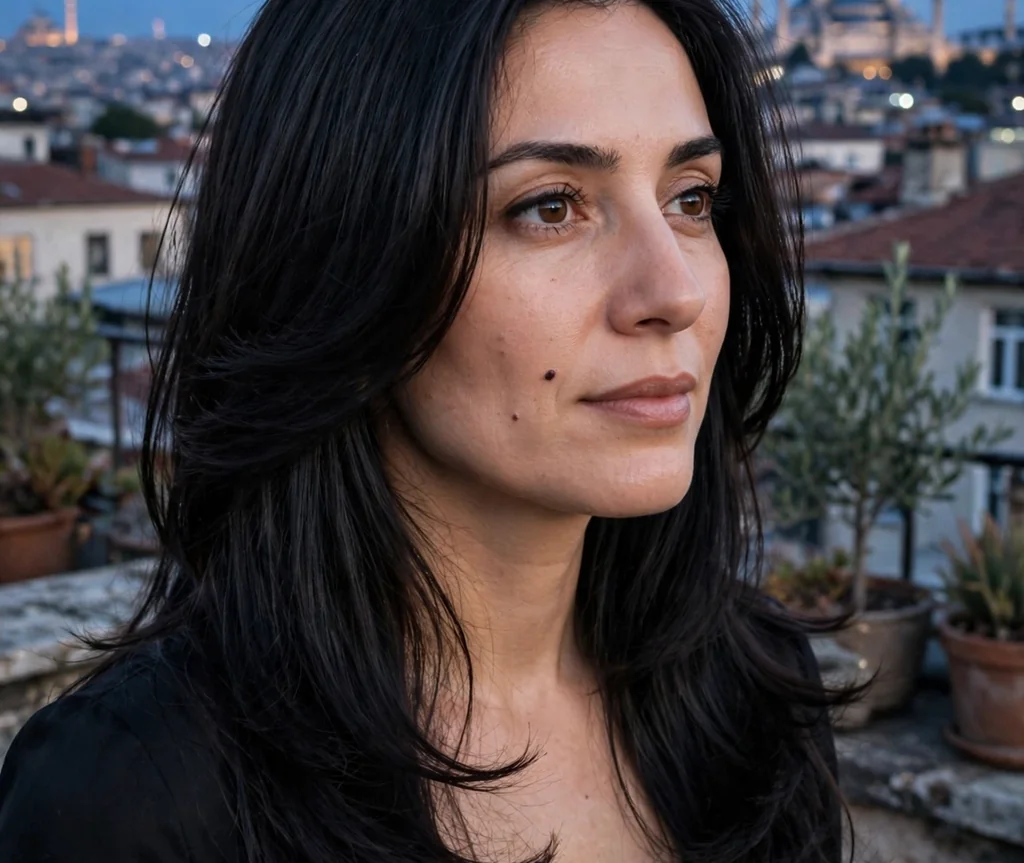 Woman with elegant long layers on an Istanbul rooftop