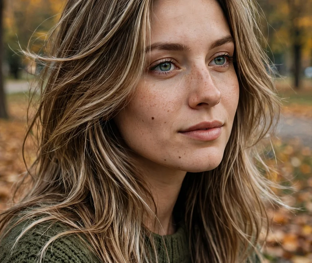 Woman with dimensional long layers in an autumn park